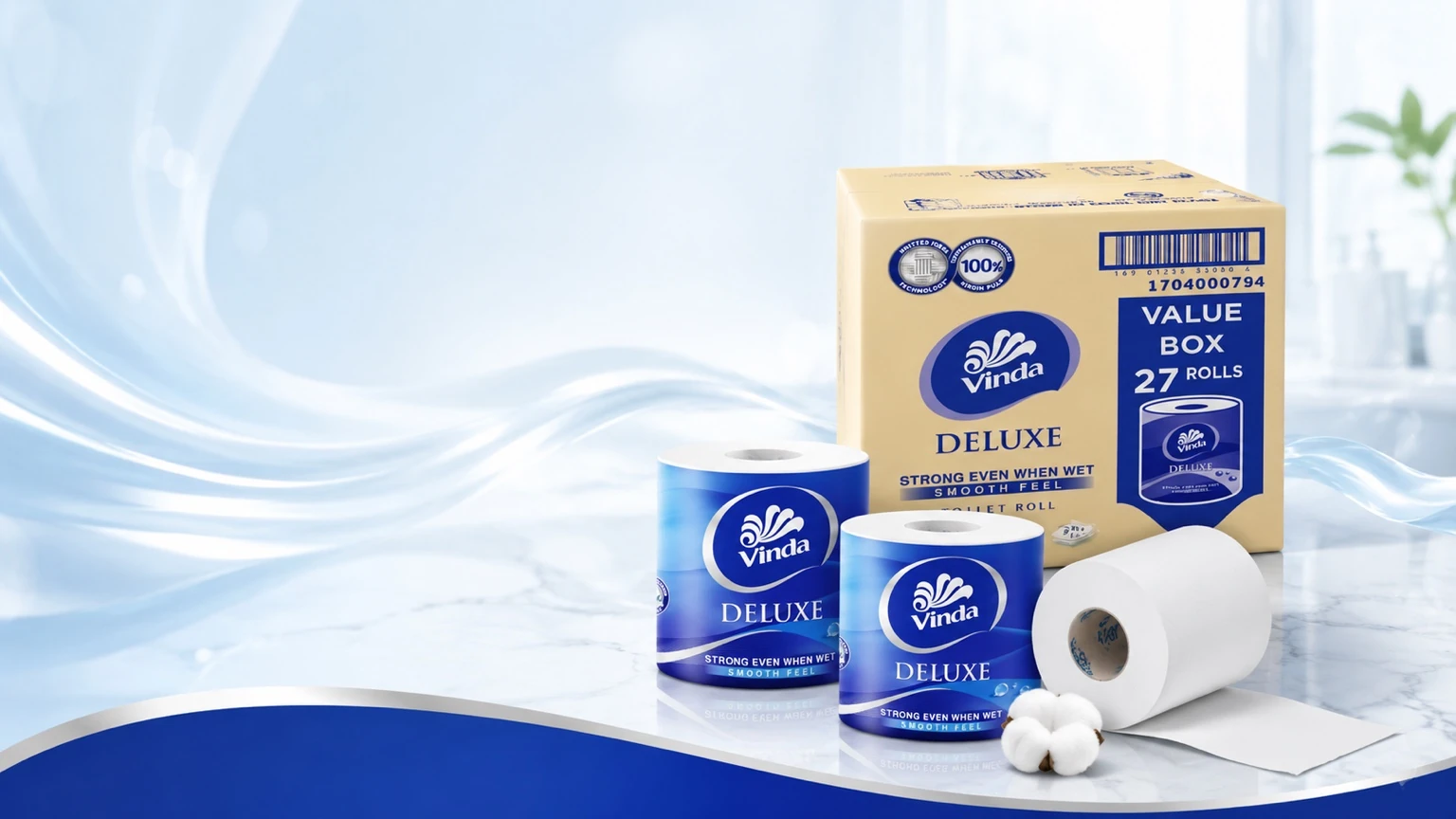 Vinda Deluxe 3-Ply Smooth Feel Toilet Tissue Value Box 27 Rolls x 250 Sheets